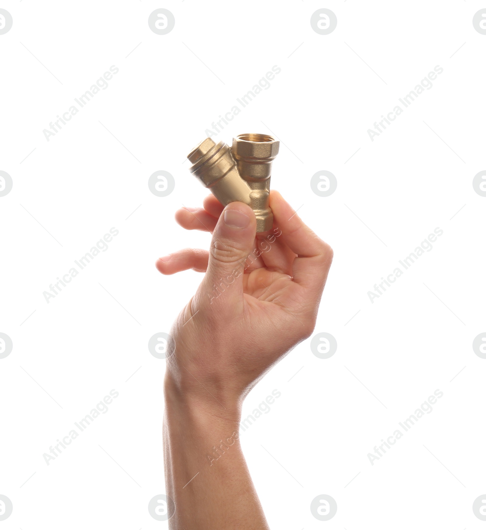 Photo of Male plumber holding pipe fitting on white background, closeup