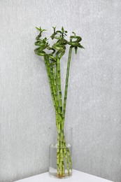 Photo of Vase with beautiful green bamboo stems on white table indoors