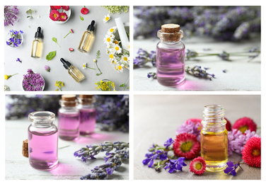 Collage of different photos with essential oils and flowers