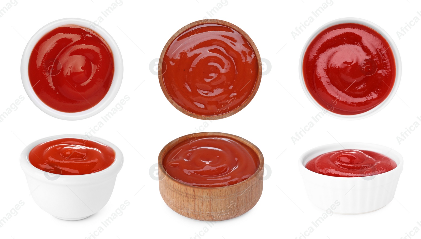 Image of Set of tasty ketchup in different bowls on white background, different views