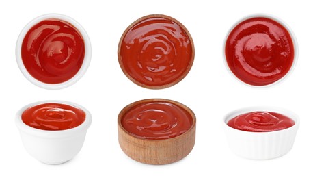 Image of Set of tasty ketchup in different bowls on white background, different views