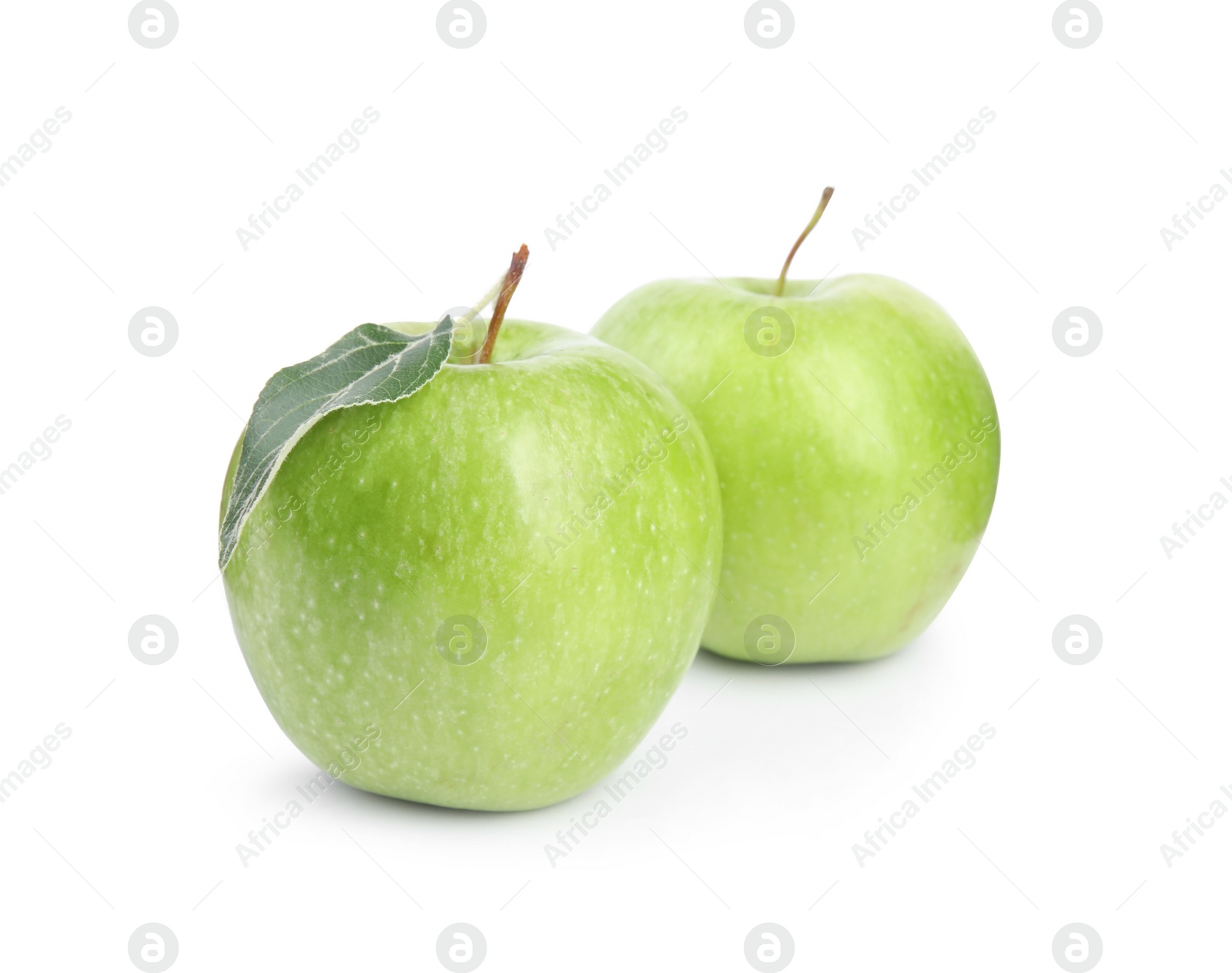 Photo of Fresh ripe green apples with leaf on white background