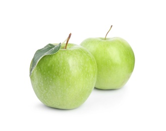 Photo of Fresh ripe green apples with leaf on white background