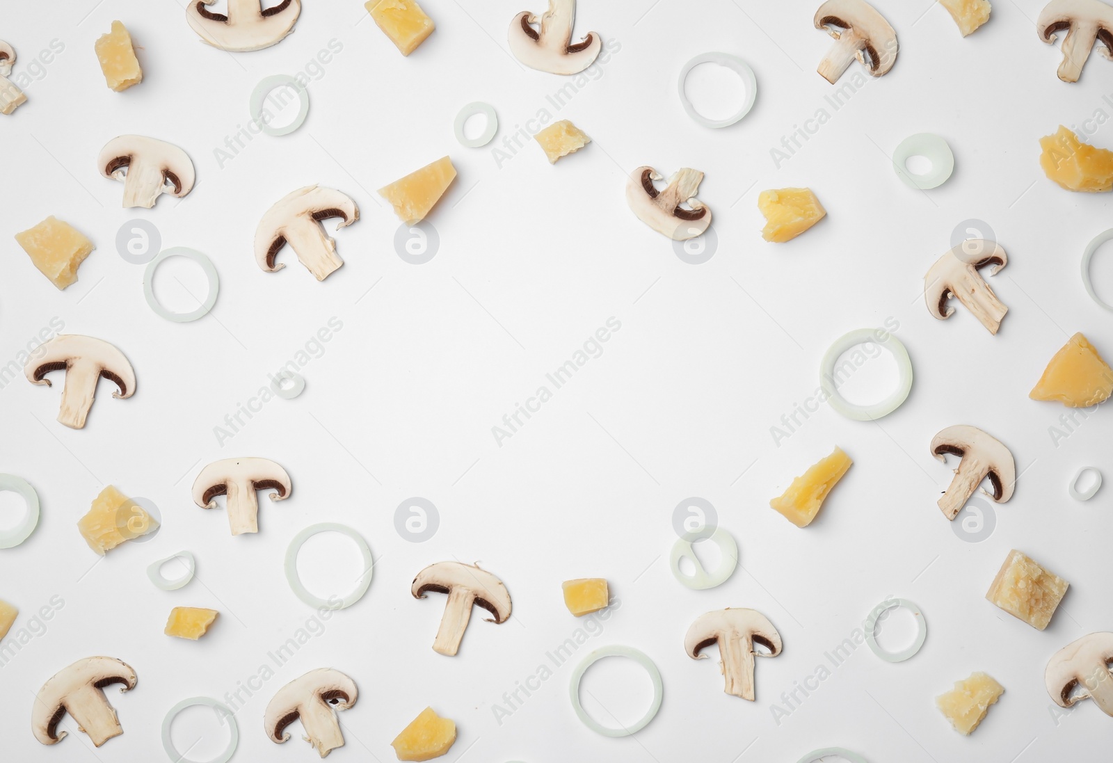 Photo of Flat lay composition with ingredients for pizza on white background