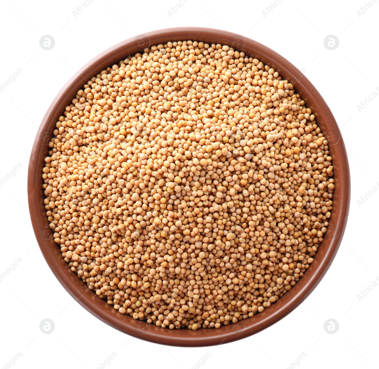 Photo of Mustard seeds in bowl isolated on white, top view