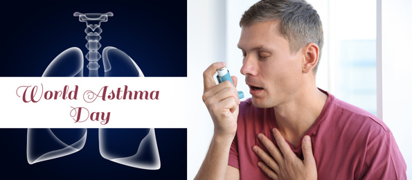 Image of World asthma day. Young man using inhaler at home 