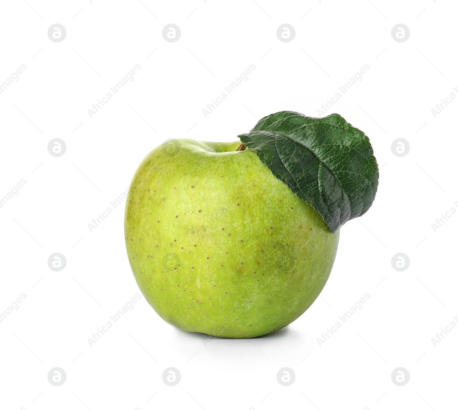 Photo of Ripe juicy green apple with leaf on white background