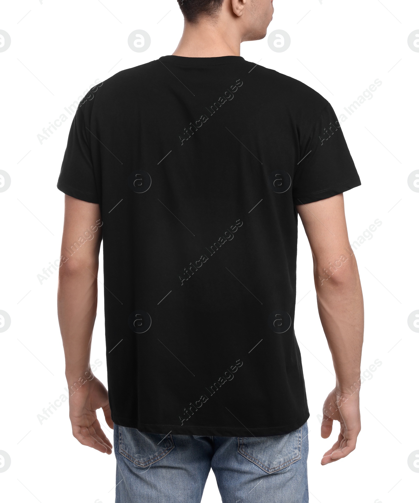 Photo of Young man wearing black t-shirt on white background, back view
