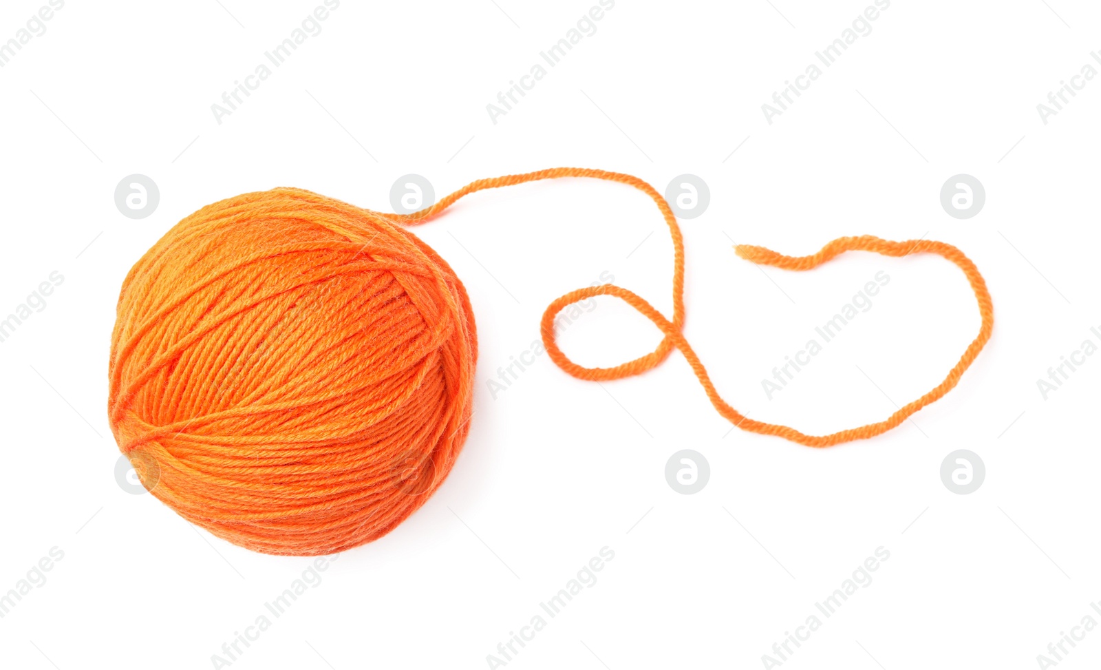 Photo of Soft orange woolen yarn isolated on white, top view
