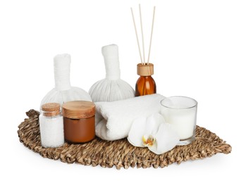 Photo of Beautiful spa composition with different body care products isolated on white