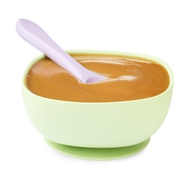 Photo of Tasty baby food and spoon in bowl isolated on white