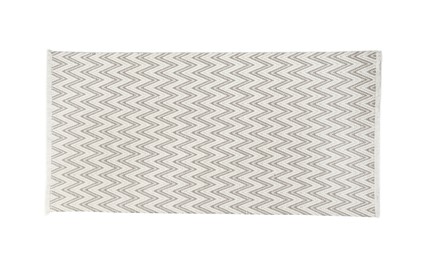 Light carpet with geometric pattern isolated on white, top view