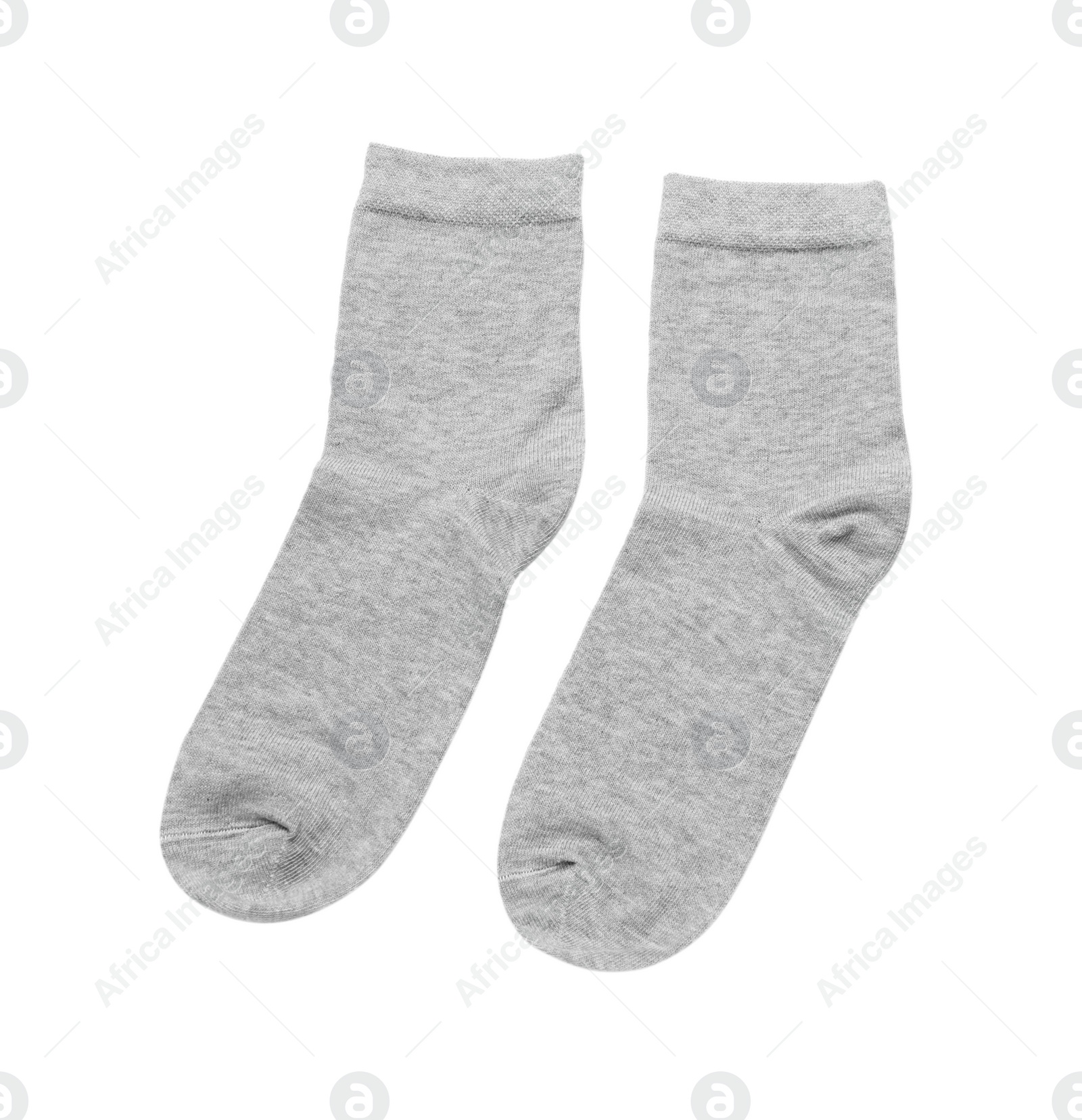 Photo of Pair of light grey socks isolated on white, top view