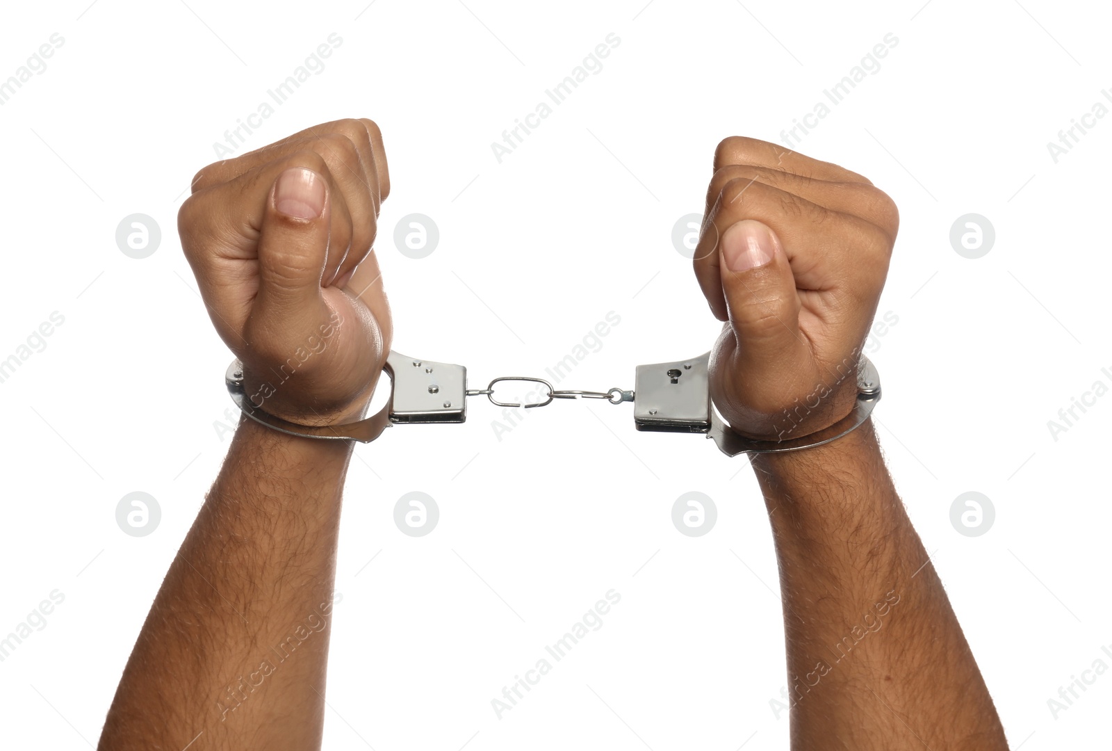 Photo of Man in handcuffs on white background, closeup