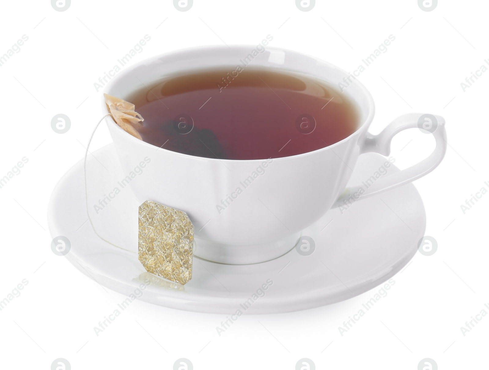 Photo of Tasty tea in cup isolated on white