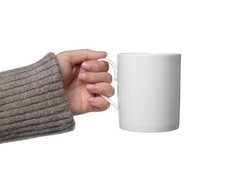 Photo of Woman holding mug on white background, closeup