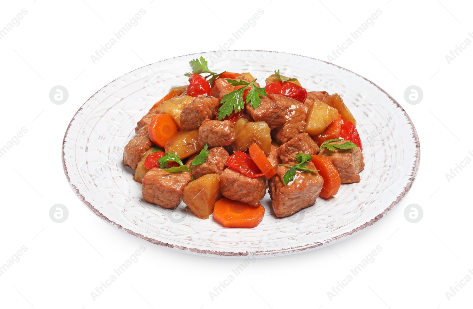 Photo of Plate with delicious goulash isolated on white