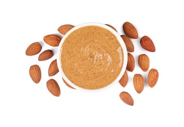 Photo of Delicious nut butter and almonds isolated on white, top view