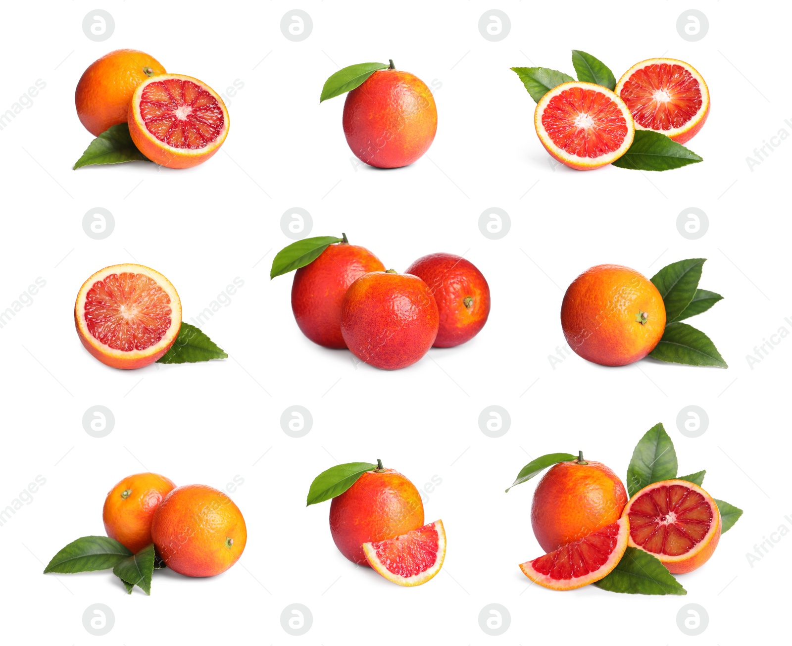 Image of Set with ripe red oranges on white background 