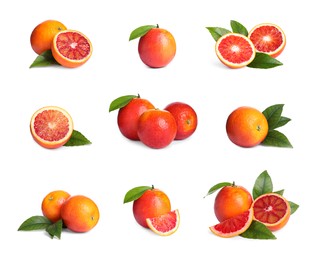 Set with ripe red oranges on white background 