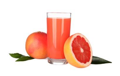 Tasty grapefruit juice in glass, leaves and fresh fruits isolated on white