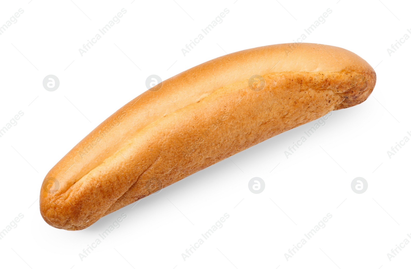 Photo of One fresh hot dog bun isolated on white, top view