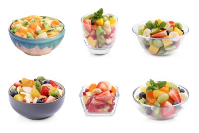 Fruit salad, collection. Mixed fresh berries and fruits isolated on white