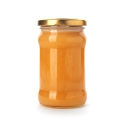 Photo of Jar with delicious honey on white background