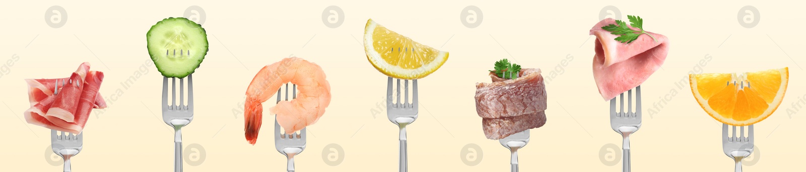 Image of Forks with different food products on beige background, collection