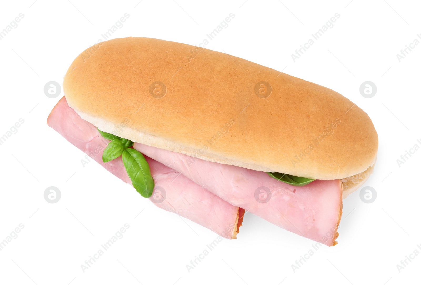 Photo of Delicious sandwich with ham and basil isolated on white, top view