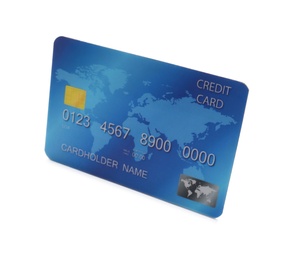 Photo of Blue plastic credit card on white background