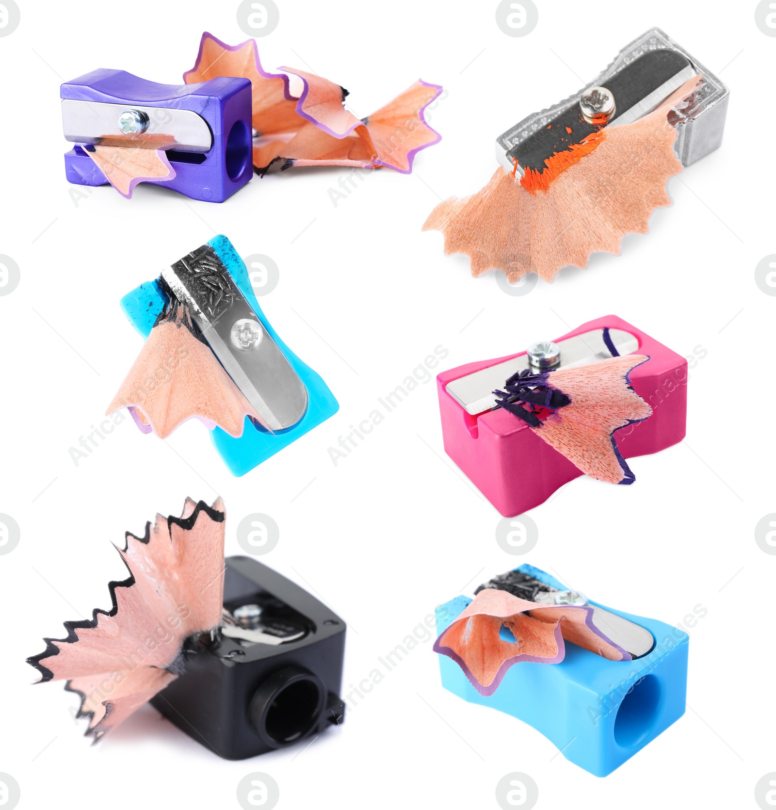 Image of Set with different pencil sharpeners on white background