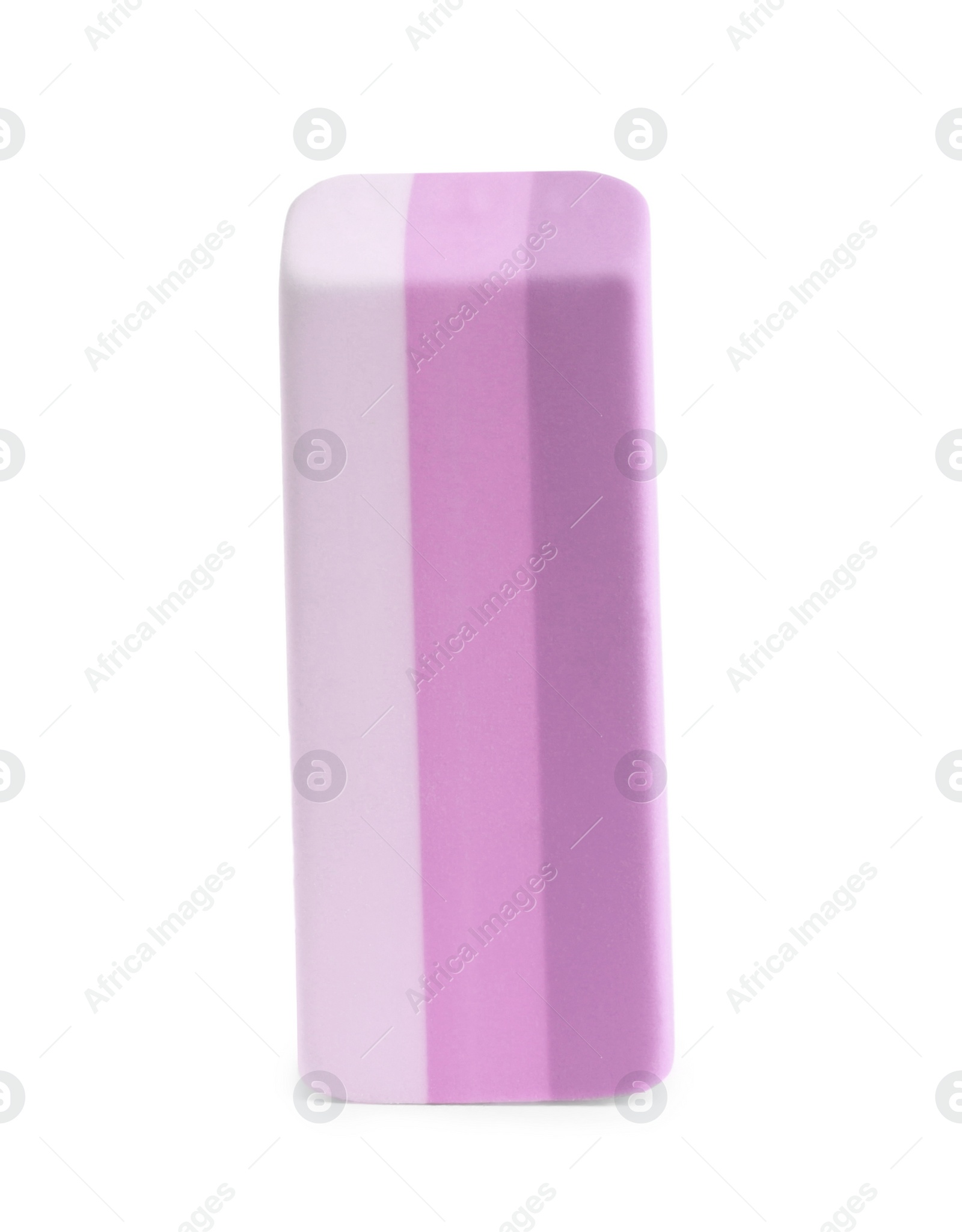 Photo of New bright eraser isolated on white. School stationery