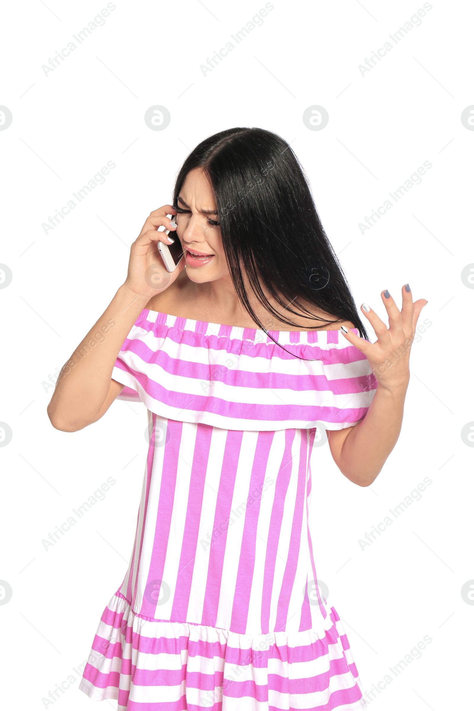 Photo of Beautiful woman talking on phone against white background