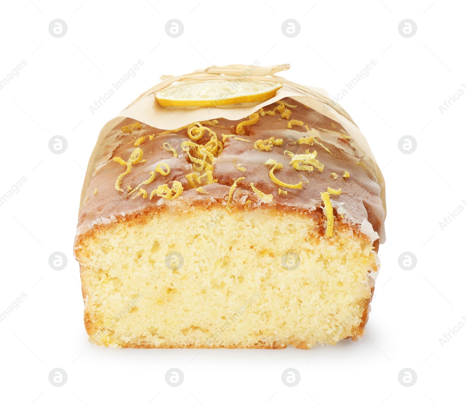 Photo of Wrapped tasty lemon cake with glaze isolated on white