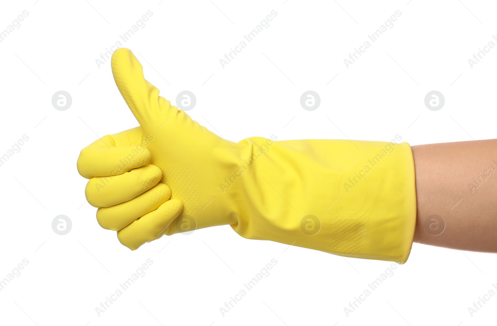 Photo of Woman in clean rubber glove for dish washing showing thumb up gesture, closeup