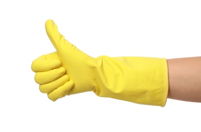 Photo of Woman in clean rubber glove for dish washing showing thumb up gesture, closeup