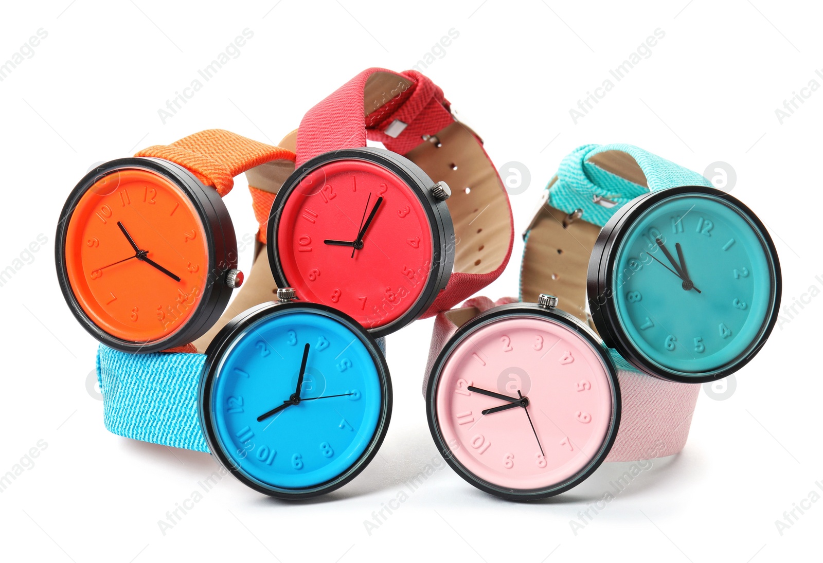 Photo of Stylish colorful wrist watches on white background. Fashion accessory