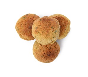 Photo of Delicious falafel balls on white background, top view