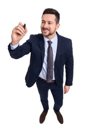 Photo of Handsome bearded businessman in suit with marker on white background, above view