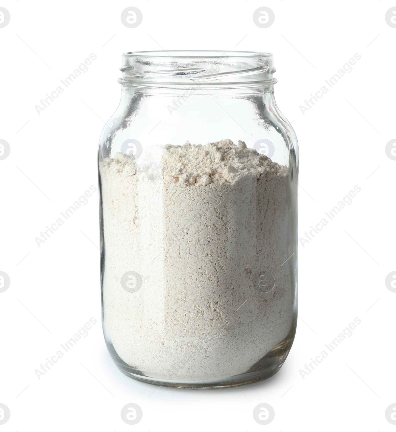 Photo of Jar of organic flour isolated on white