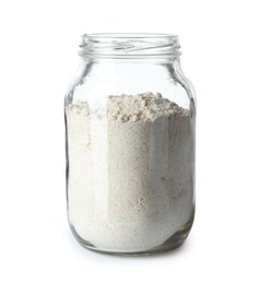 Jar of organic flour isolated on white