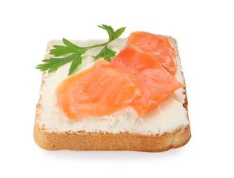 Photo of Delicious sandwich with cream cheese, salmon and parsley isolated on white