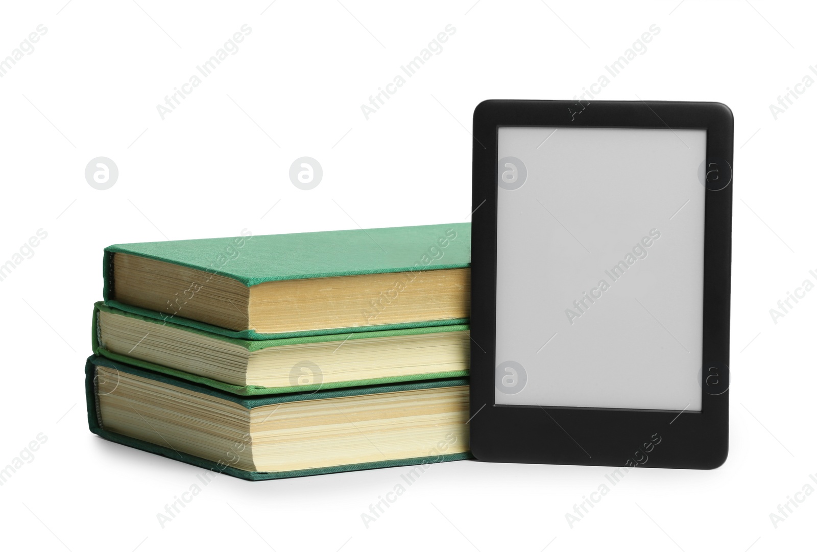 Photo of Modern e-book and stack of hardcover books isolated on white