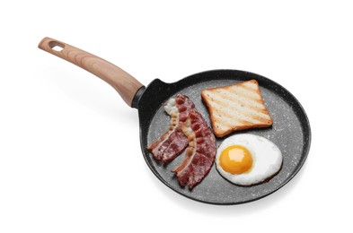 Photo of Frying pan with delicious fried egg, bacon and toast isolated on white