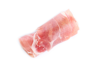 Tasty prosciutto on white background, top view