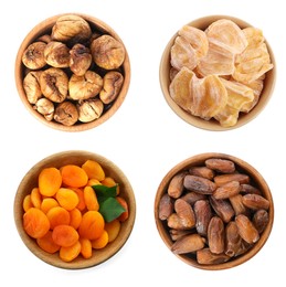 Set with different tasty dried fruits on white background, top view