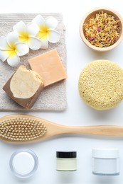 Bath accessories. Flat lay composition with personal care products on white background