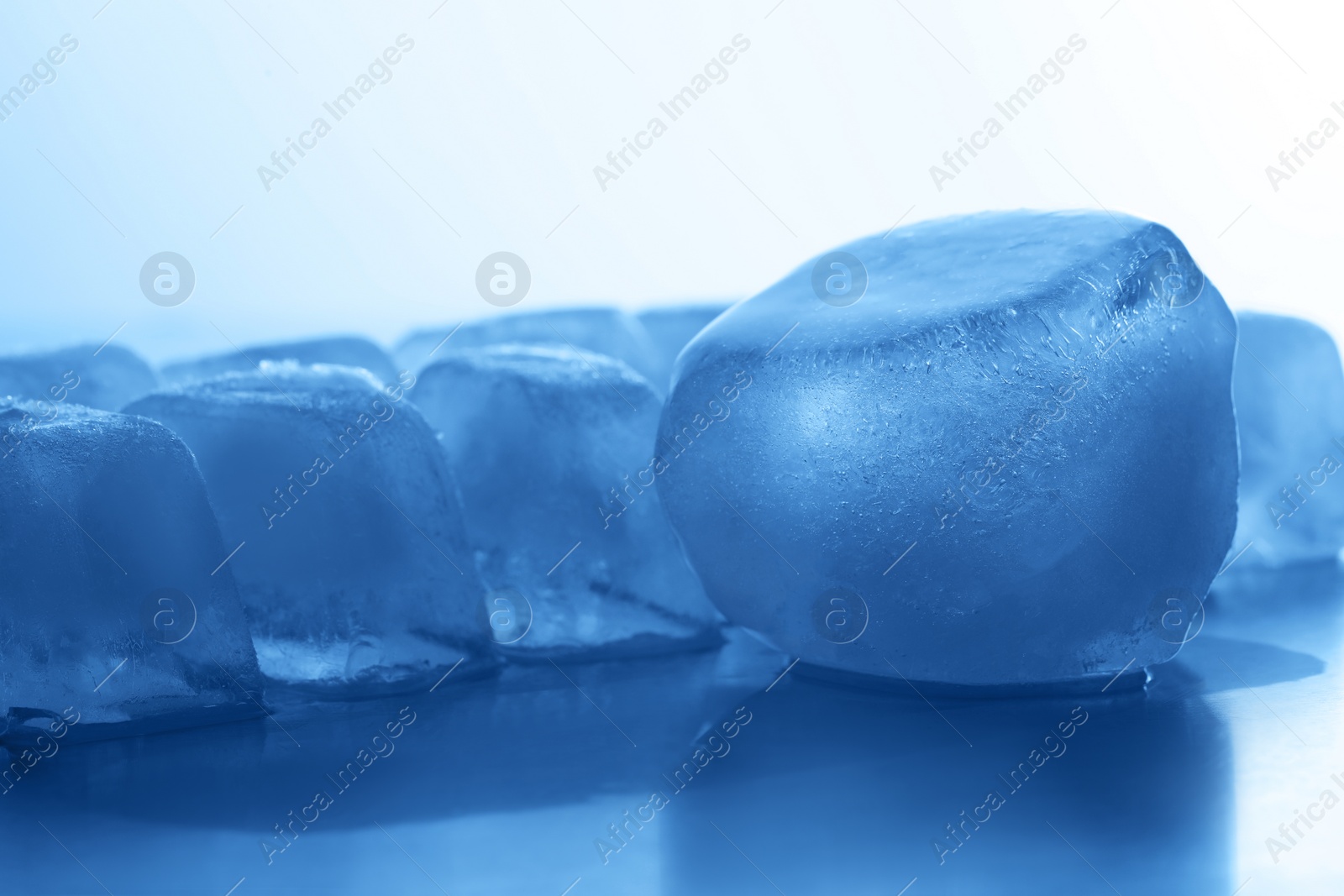 Photo of Crystal clear ice cubes on light blue background, closeup. Color tone effect