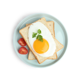 Photo of Tasty fried egg with bread and tomato isolated on white, top view